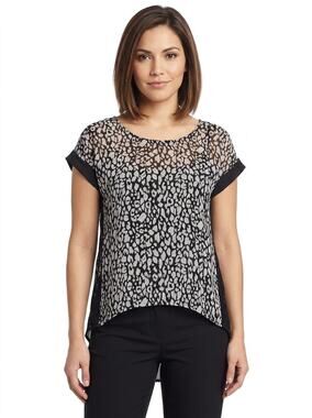 bebe Black Animal Print Asymmetrical Scoop Neck Chiffon Blouse Women Size M